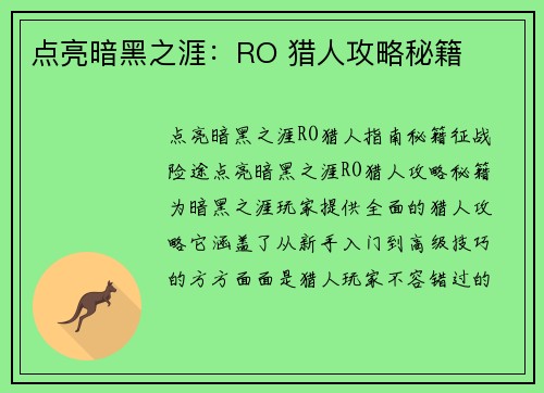 点亮暗黑之涯：RO 猎人攻略秘籍